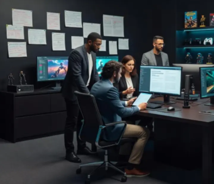 Zespół redakcyjny Game Wirehub pracujący nad artykułami specjalnymi przy ciemnych monitorach