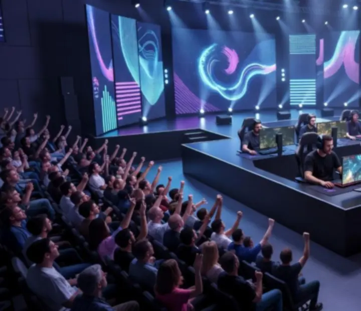 Profesjonalna arena e-sportowa z publicznością i podświetlonymi stanowiskami graczy