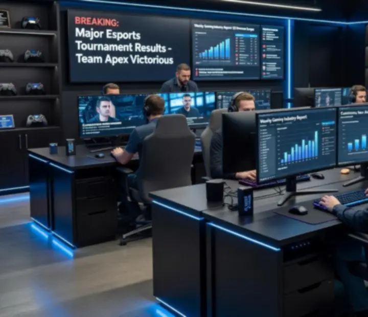 Ciemne nowoczesne newsroom gamingowy z monitorami pokazującymi gameplay i wykresy statystyk