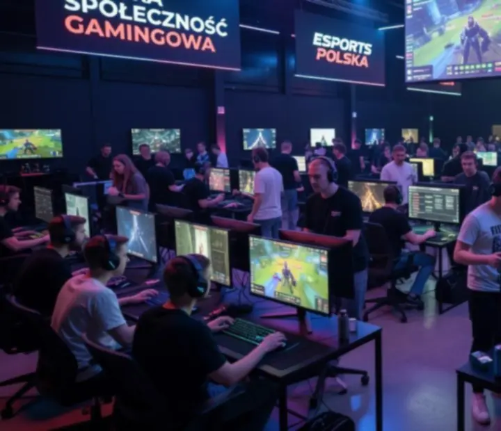 Polski event gamingowy z oświetloną sceną i stanowiskami dla graczy