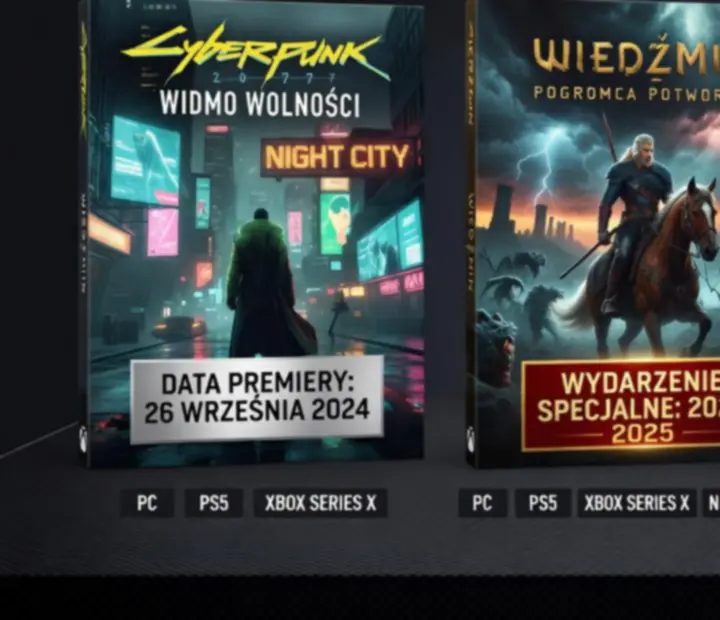 Okładka gry science fiction z bohaterem na tle miasta przyszłości